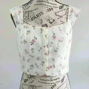 JOIE | Women's White/Pink Floral Smocked Faux Button Down Linen  Cropped…